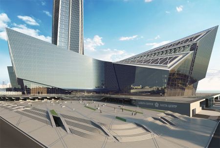 Centrul Lakhta din Sankt Petersburg, clădirea de conferințe în fața turnului Lakhta